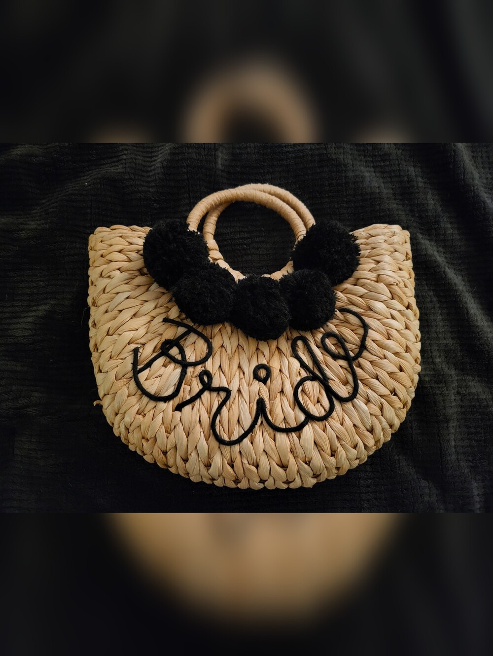 Natural Straw Circle-Handle Tote with Black Pom-Pom Trim